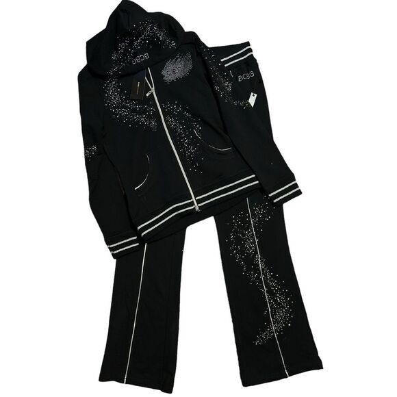 BCBGMAXAZRIA NWT ($280) 2pc Rhinestone Zip Up Hoodie/Straight Leg Pant Tracksuit - Picture 1 of 16